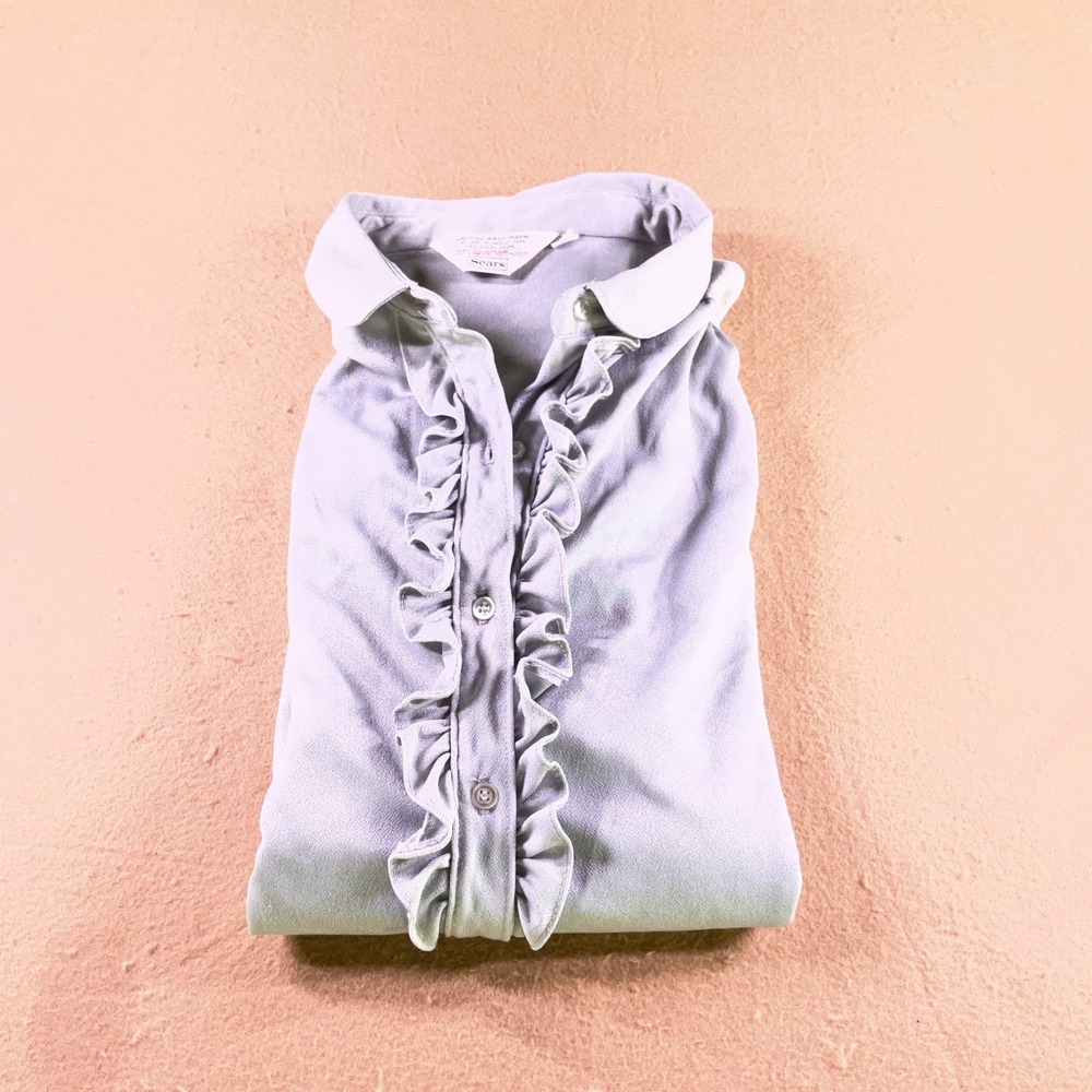 Vintage Sears Qiana Nylon Ruffle Front Blouse Grey Long Sleeve Button Down Sz 14 - Picture 9 of 10